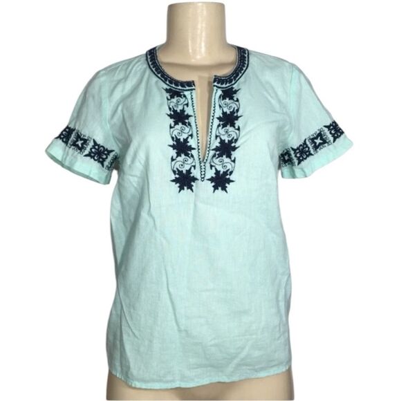 J.CREW BEACH BOHO PEASANT EMBROIDERED LINEN MINT GREEN‎ V-NECK TOP XXS - Picture 3 of 10